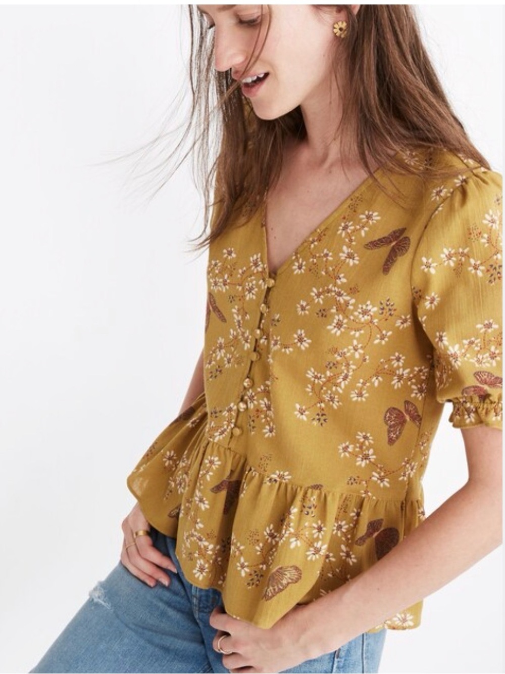 Madewell Mustard Floral Button-Front Peplum Top